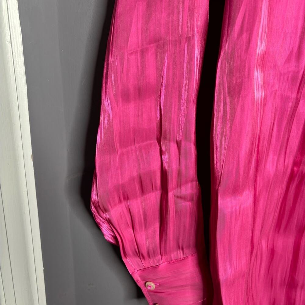 Anthropologie Bright Pink Shimmery Long Sleeve Button Front Blouse Medium - Picture 4 of 7